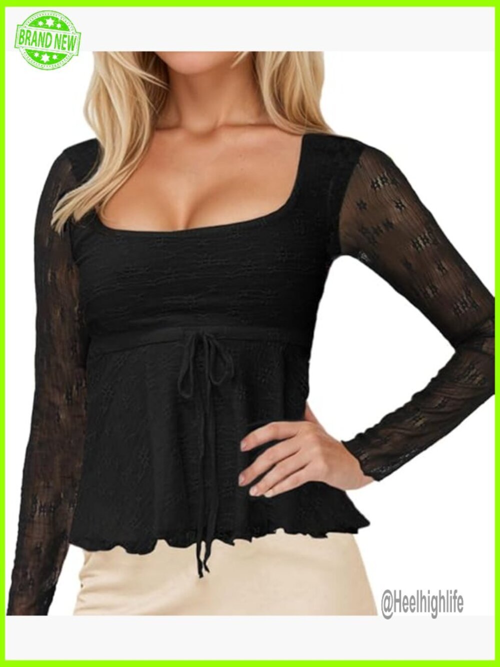 Y2K Square Neck Sheer Mesh Ruffle Hem Babydoll Tee Long Sleeve Lace Up Lettuce